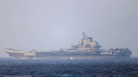 Chinese aircraft carrier Liaoning sails through the Miyako Strait near Okinawa in this photo released by Japan's Defense Ministry on April 4, 2021. 