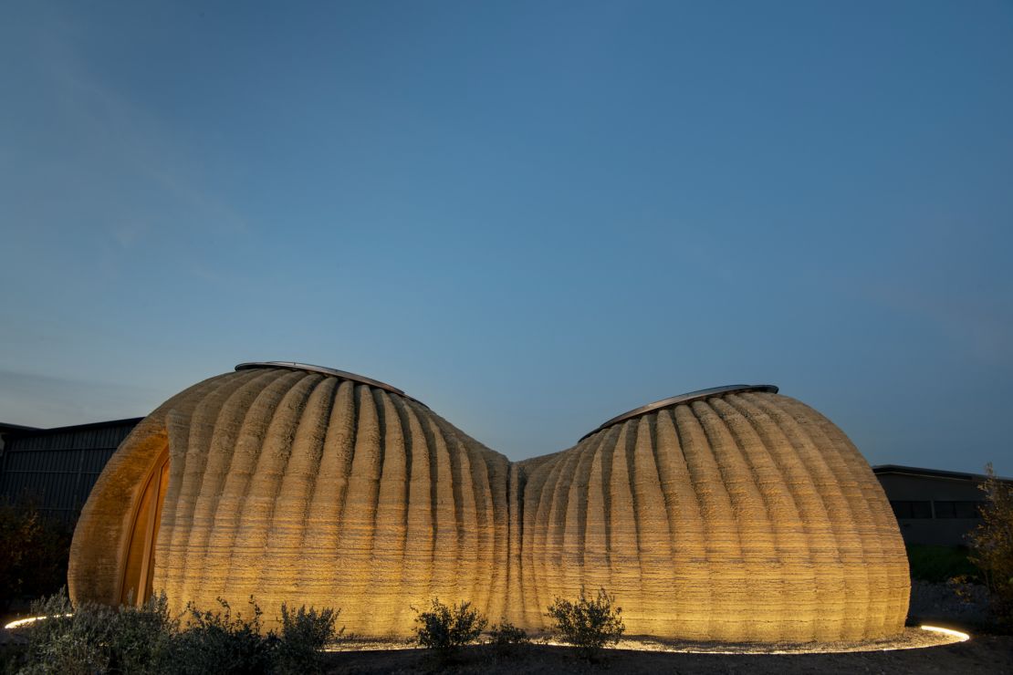 The twin-circular design of the TECLA prototype includes a bedroom, living room and bathroom. It is the first 3D-printed home made of clay.