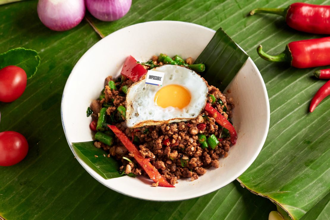 Impossible Foods' meatless "beef" served as a krapow dish with fried egg at Cafe Siam, a restaurant in Hong Kong. 