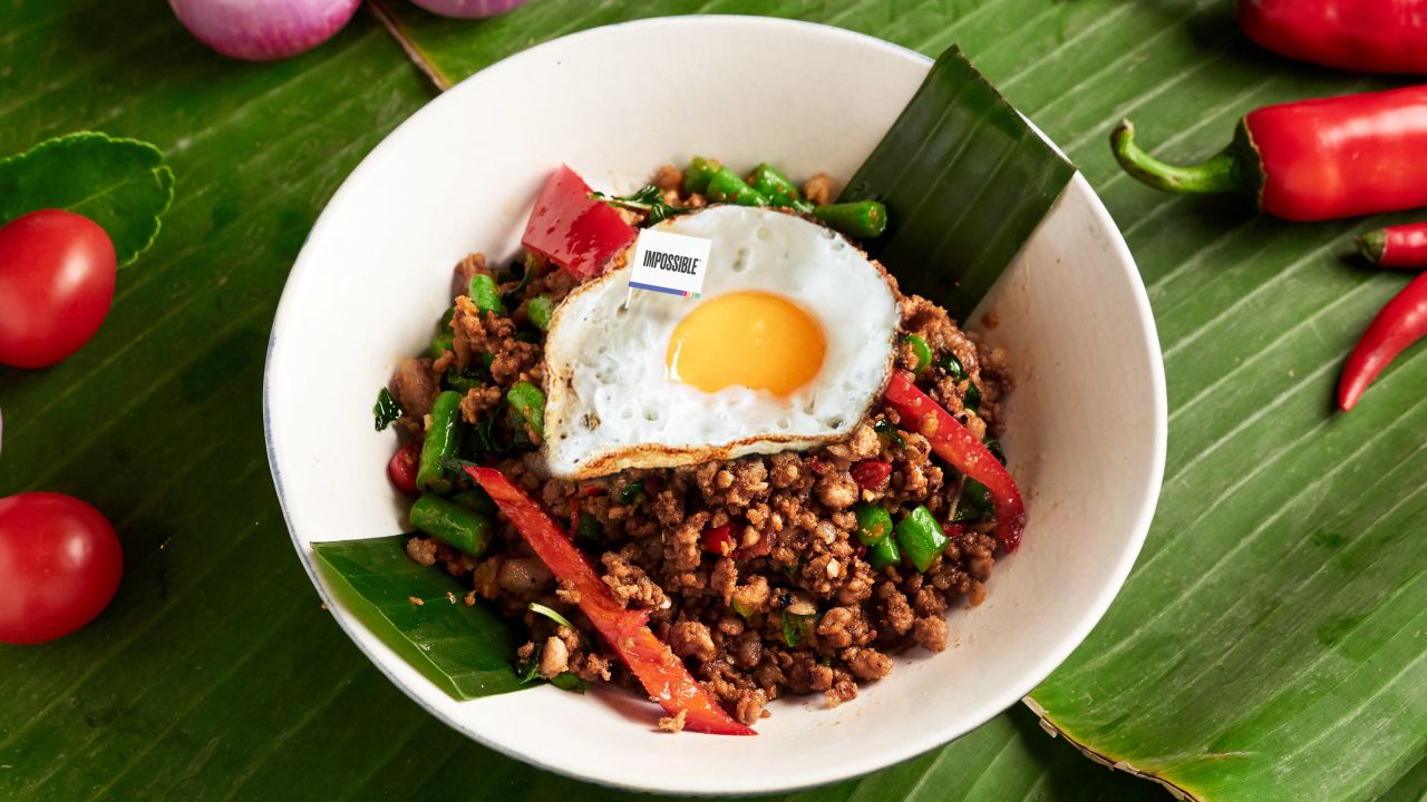 Impossible Foods' meatless "beef" served as a krapow dish with fried egg at Cafe Siam, a restaurant in Hong Kong. 