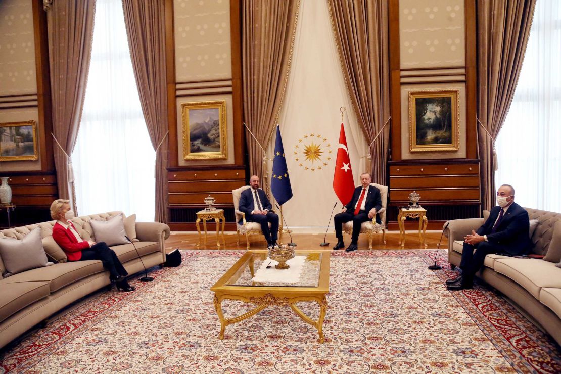 The European Union's two presidents met Erdogan in Ankara, Turkey, on April 6.