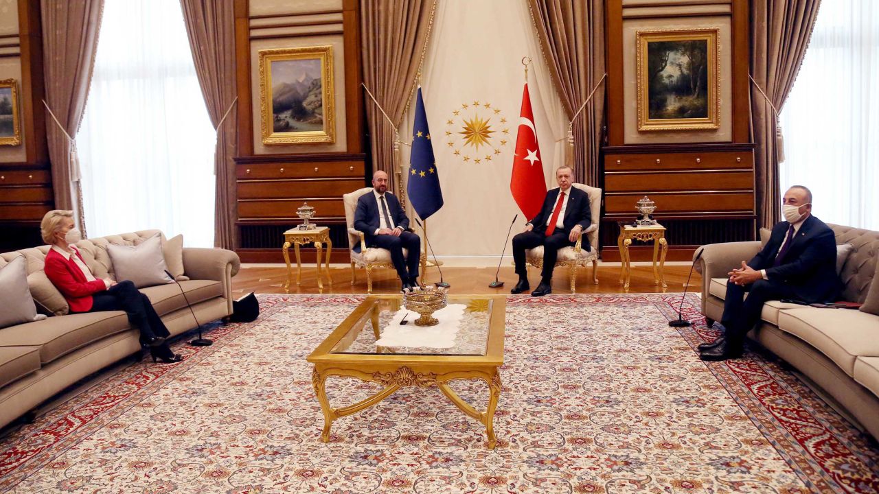 The European Union's two presidents met Erdogan in Ankara, Turkey, on April 6.