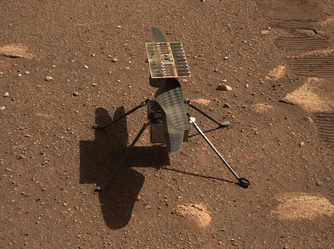 The Ingenuity Mars helicopter is seen here in a close-up taken by Mastcam-Z, a pair of zoomable cameras aboard the Perseverance rover. 