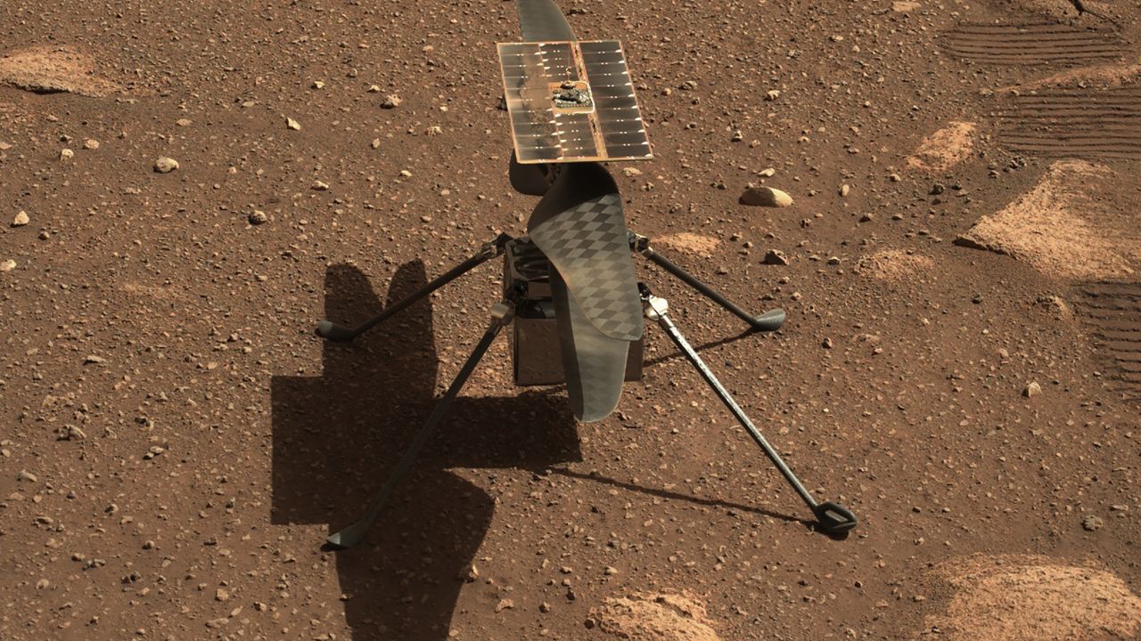 The Ingenuity Mars helicopter is seen here in a close-up taken by Mastcam-Z, a pair of zoomable cameras aboard the Perseverance rover. 
