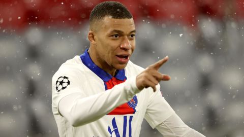 Kylian Mbappe celebrates his first goal of the night. 
