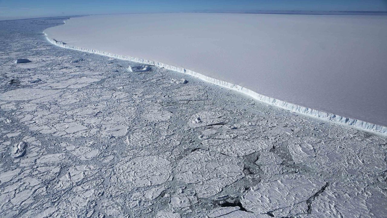 The western edge of the giant iceberg A-68, calved from the Larsen C ice shelf, is seen from NASA's Operation IceBridge research aircraft, near the coast of the Antarctic Peninsula region, in 2017.