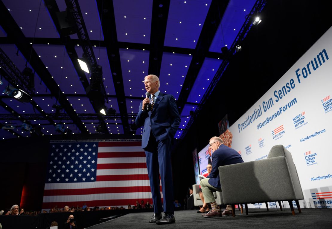 Biden speaks on stage during a forum on gun safety at the Iowa Events Center on August 10, 2019 in Des Moines, Iowa. The event was hosted by Everytown for Gun Safety. 