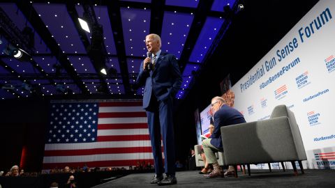 Biden speaks on stage during a forum on gun safety at the Iowa Events Center on August 10, 2019 in Des Moines, Iowa. The event was hosted by Everytown for Gun Safety.