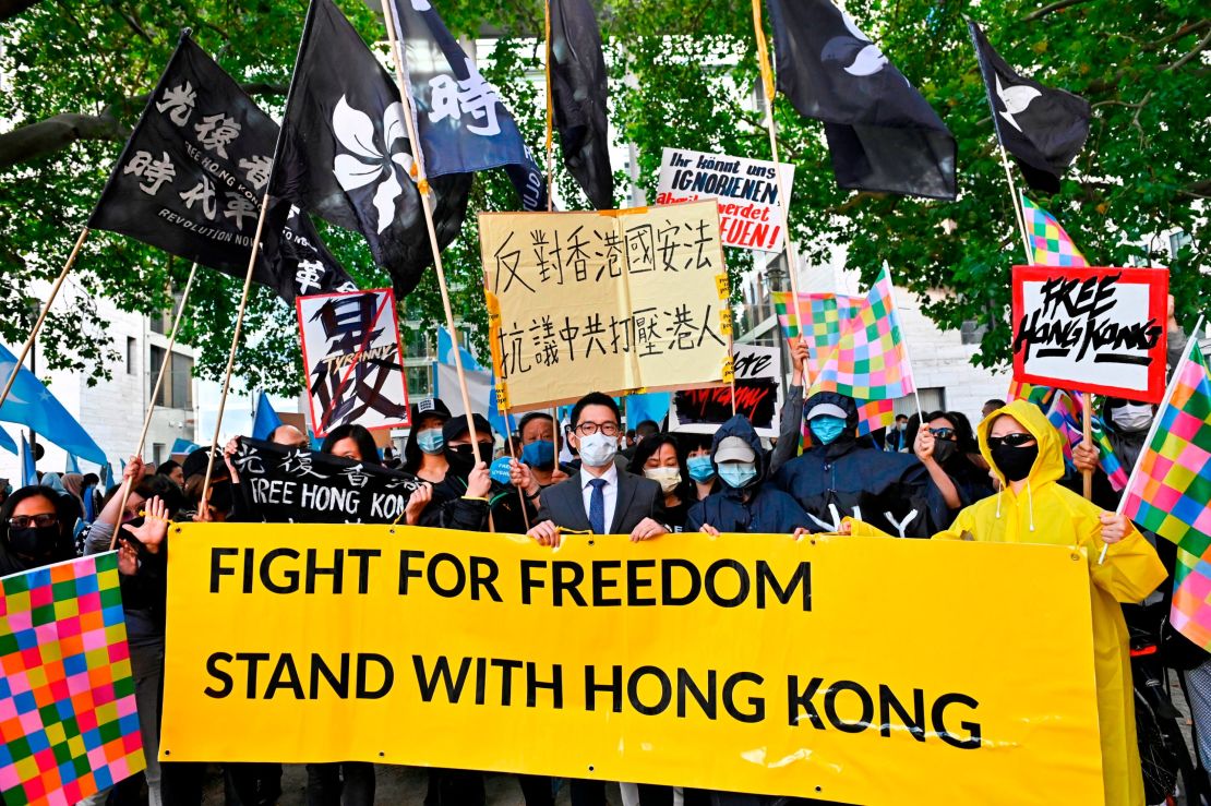 Hong Kong democracy activist Nathan Law (C) takes part in a demonstration on September 1, 2020 in Berlin, Germany. 