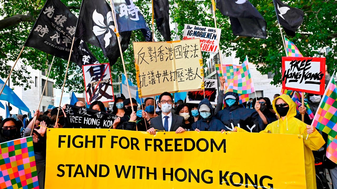 Hong Kong democracy activist Nathan Law (C) takes part in a demonstration on September 1, 2020 in Berlin, Germany. 