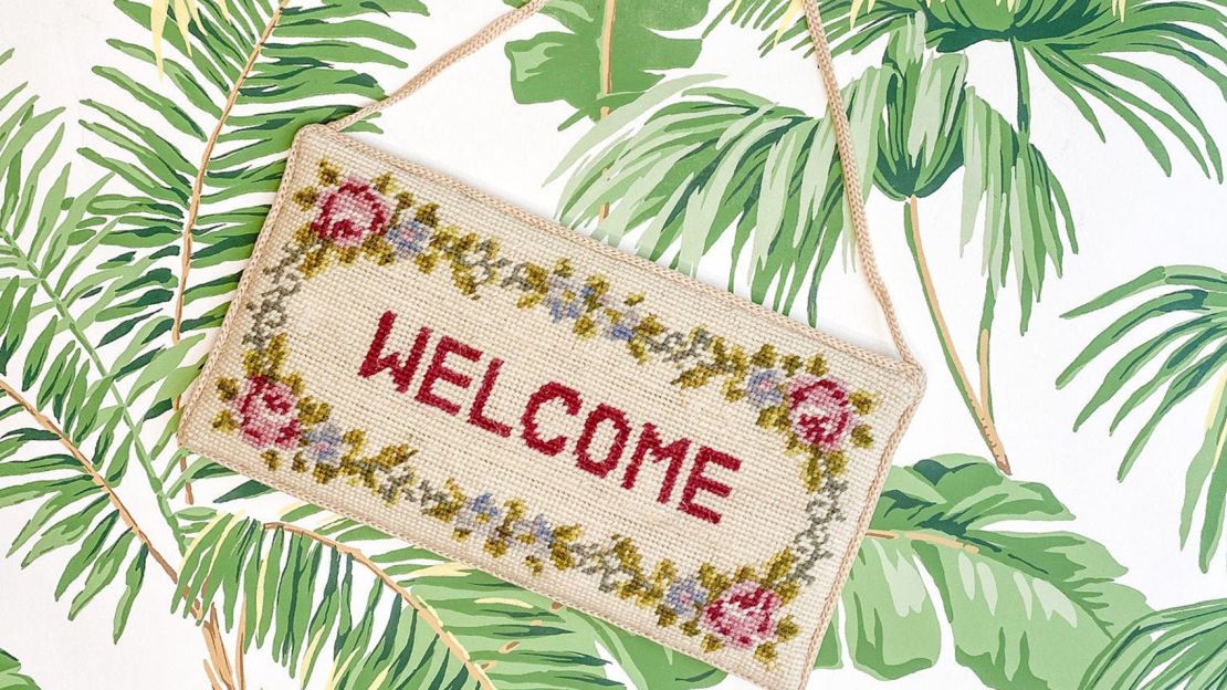 INeedABiggerHouse Welcome Vintage Needlepoint Door Hanger Sign