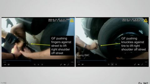 Dr. Martin Tobin said these still images from body-worn camera indicated that George Floyd pressed his knuckles against the squad car and the ground to try to open up his chest and breathe.