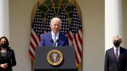 President Joe Biden, accompanied by Vice President Kamala Harris, and Attorney General Merrick Garland, speaks about gun violence prevention in the Rose Garden at the White House, Thursday, April 8, 2021, in Washington.
