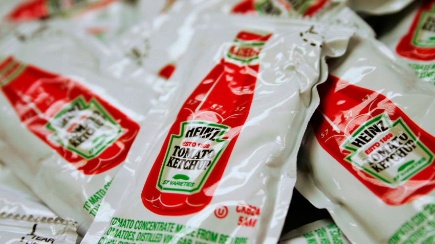 Heinz ketchup packets are shown in New York on Monday, August 22, 2005. H.J. Heinz Co., the world's biggest ketchup maker, said first-quarter profit fell 19 percent on expenses to cut jobs and sell businesses.  (Photo by Andrew Harrer/Bloomberg via Getty Images)