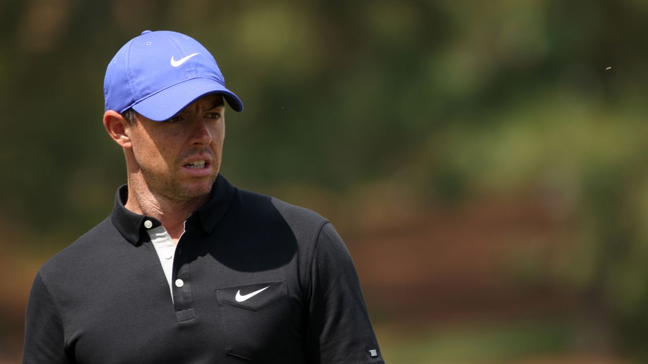 McIlroy reacts on the seventh green during the first round of the Masters.