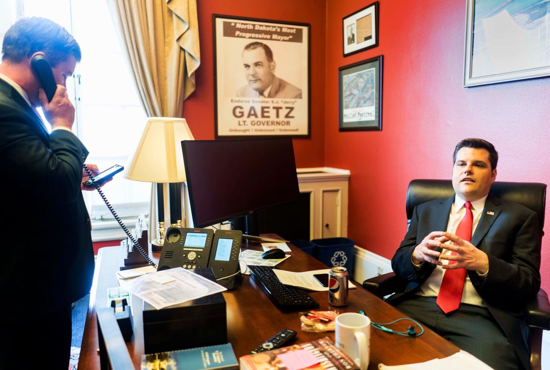 Then-freshman Congressman Matt Gaetz works with staff in office on Capitol Hill in Washington, DC on Wednesday February 14, 2018. 