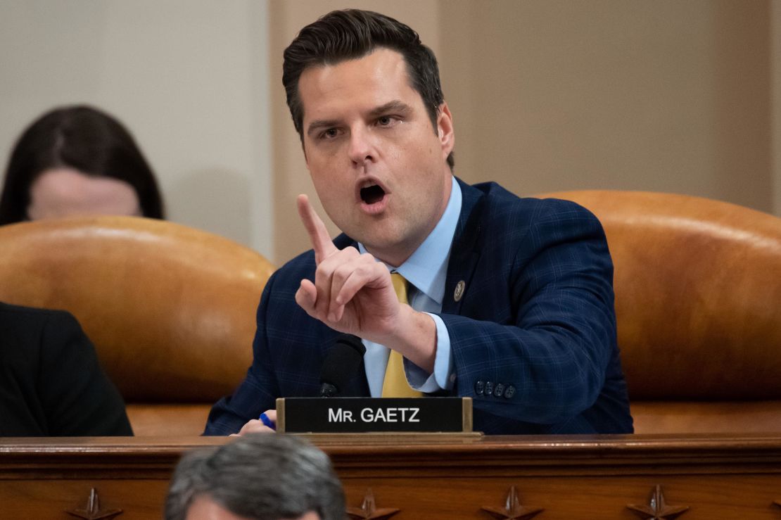 Rep. Matt Gaetz, Republican of Florida, questions witnesses at a House Judiciary Committee hearing on the impeachment of President Donald Trump, December 4, 2019. 