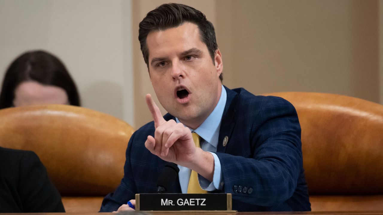 Gaetz questions witnesses at a House Judiciary Committee hearing on the impeachment of US President Donald Trump on Capitol Hill in December 2019. 