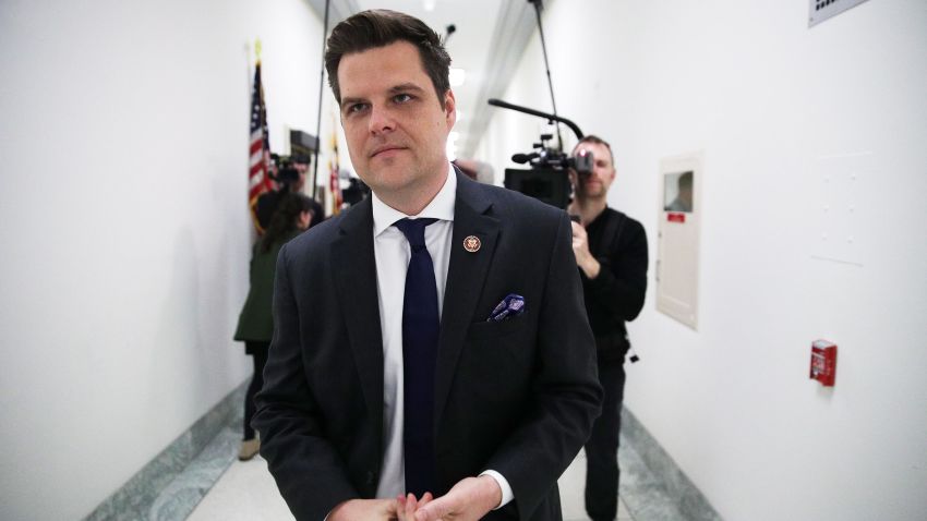 Gaetz speaks to members of the media outside the hearing Michael Cohen, former attorney and fixer for President Donald Trump, testifies at before the House Committee on Oversight and Reform at Rayburn House Office Building February 27, 2019 on Capitol Hill in Washington, DC. Last year Cohen was sentenced to three years in prison and ordered to pay a $50,000 fine for tax evasion, making false statements to a financial institution, unlawful excessive campaign contributions and lying to Congress as part of special counsel Robert Mueller's investigation into Russian meddling in the 2016 presidential elections.