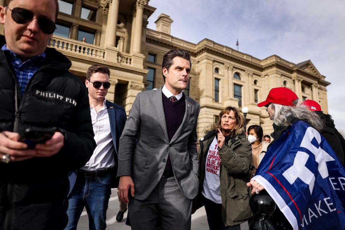 Gaetz leaves the Wyoming State Capitol after speaking to a crowd during a rally against Rep. Liz Cheney (R-WY) on January 28, 2021 in Cheyenne, Wyoming. Gaetz added his voice to a growing effort to vote Cheney out of office after she voted in favor of impeaching Donald Trump. 