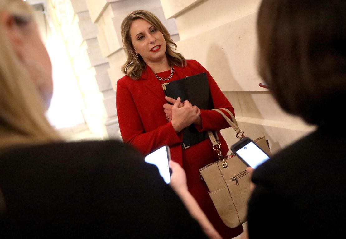 Rep. Katie Hill (D-CA) answers questions from reporters at the U.S. Capitol following her final speech on the floor of the House of Representatives October 31, 2019. 
