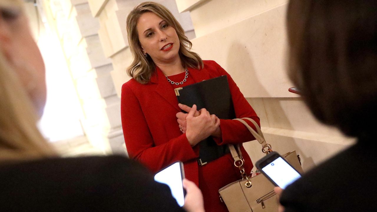 Rep. Katie Hill (D-CA) answers questions from reporters at the U.S. Capitol following her final speech on the floor of the House of Representatives October 31, 2019. 