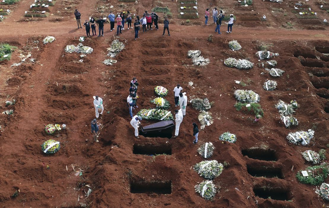 Cemetery workers lower a coffin into a gravesite in Sao Paulo, Brazil on April 7.