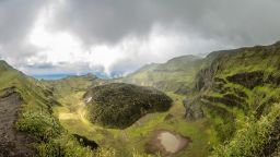 2ARDJ0M La Soufriere volcano crater panorama with tuff cone hidden in green, Saint Vincent and the Grenadines