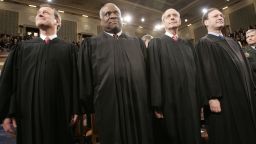 US Supreme Court Chief Justice John Roberts (L) and Justices Clarence Thomas (2nd L), Steven Breyer (2nd R) and newly-confirmed Samuel Alito (R) attend US President George W. Bush's fifth State of the Union speech 31 January 2006, on Capitol Hill in Washington.  