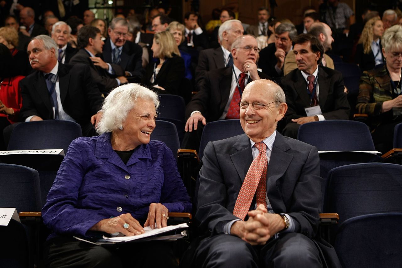 Breyer sits with former Supreme Court Justice Sandra Day O'Connor during a forum at the Georgetown University Law Center in Washington, DC, in May 2009.