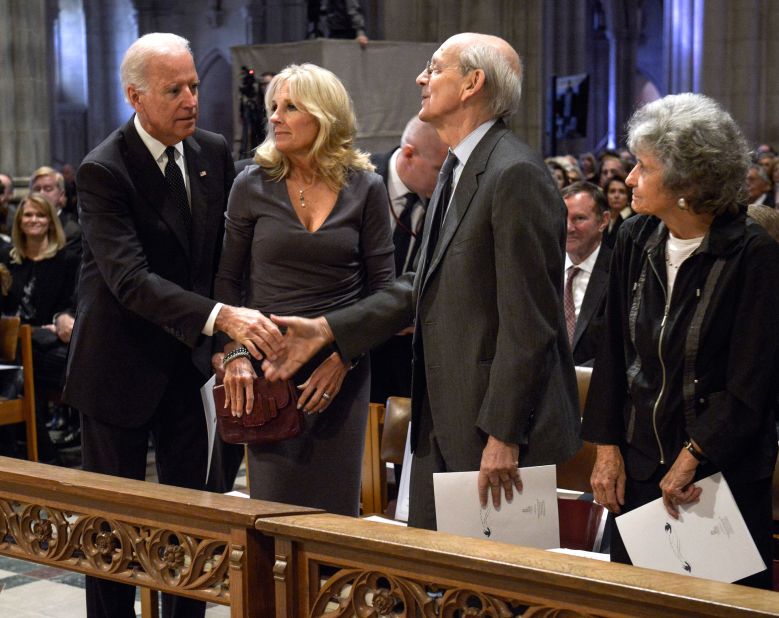 Vice President Joe Biden greets Breyer as he arrives at the funeral services for Ben Bradlee, the former editor of the Washington Post, in October 2014.