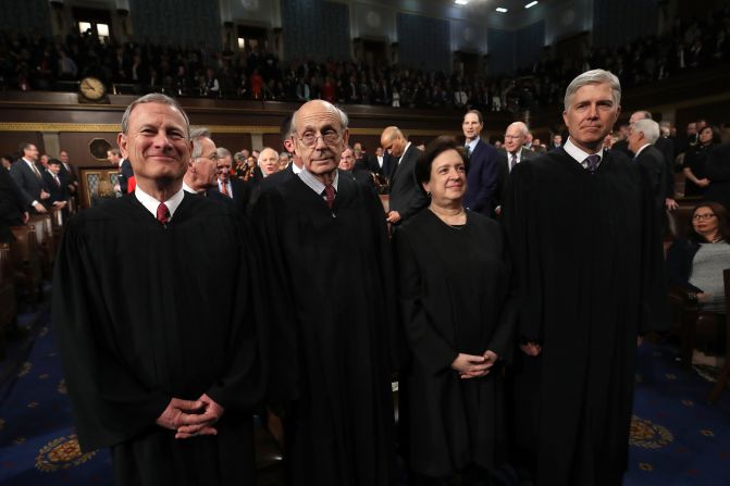 Breyer, second from left, attends the State of the Union address in January 2018. With Breyer, from left, are Chief Justice John Roberts and Justices Elena Kagan and Neil Gorsuch.