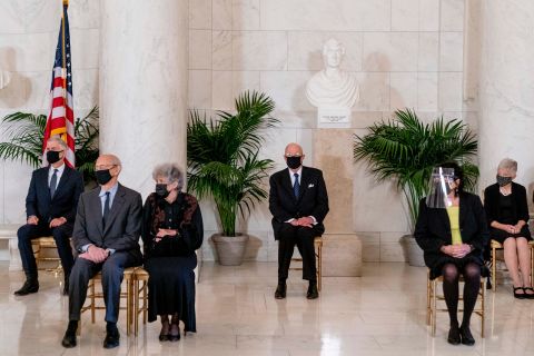 Breyer and his wife, Joanna, are seated together for a private ceremony honoring the late Ruth Bader Ginsburg in September 2020. Seated from left are Supreme Court Justice Neil Gorsuch, the Breyers, former Justice Anthony Kennedy, Justice Sonia Sotomayor and Maureen Scalia, the wife of late Justice Antonin Scalia.