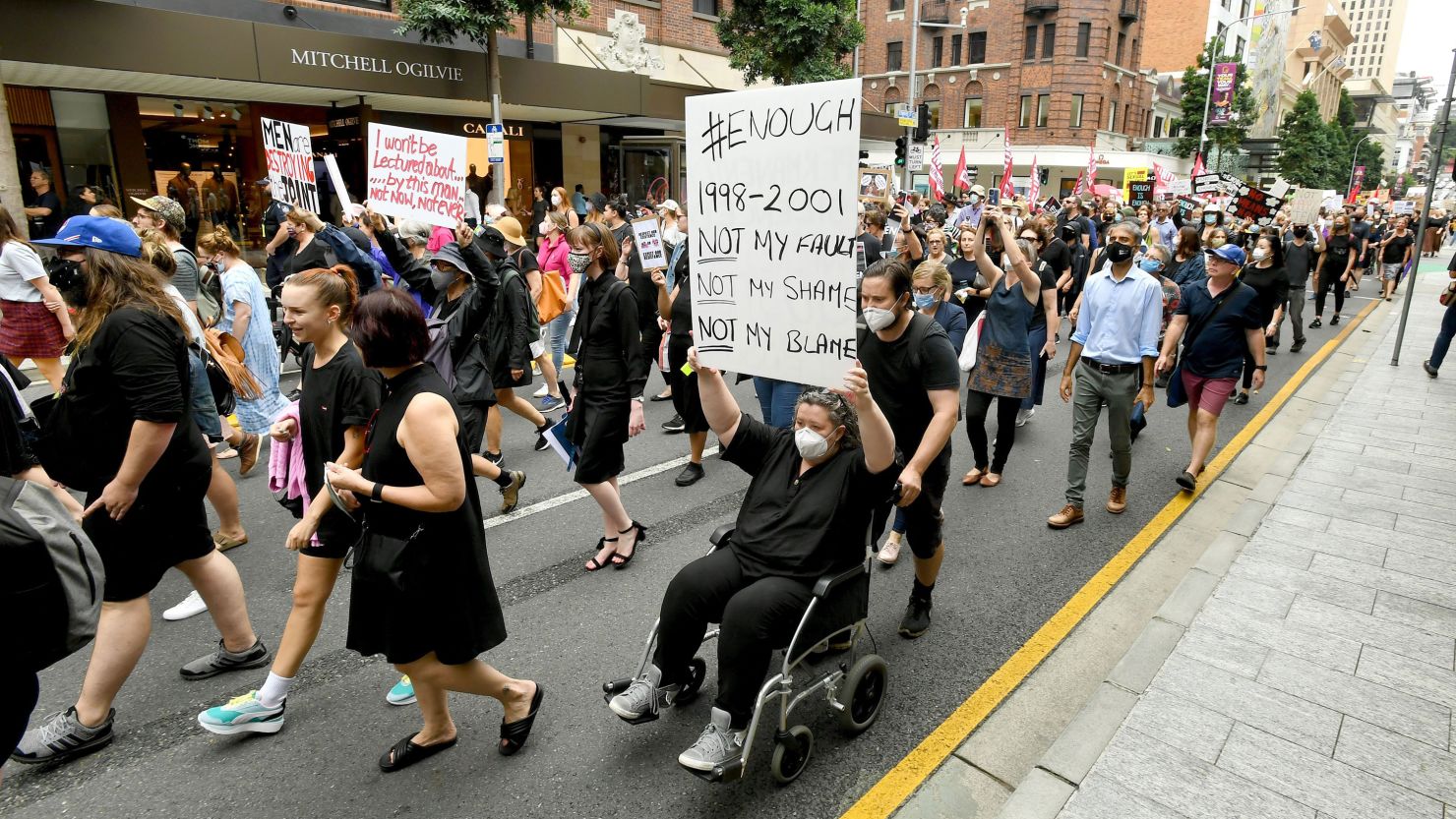 Protesters take part in the Women's March 4 Justice in Brisbane, Australia, on 15 March.