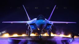 Mandatory Credit: Photo by YONHAP/EPA-EFE/Shutterstock (11850169c)
A view of South Korea's first prototype of the next-generation KF-X fighter, officially dubbed KF-21 Boramae, being revealed at the Korea Aerospace Industries Co. facility in Sacheon, South Gyeongsang Province, southeastern South Korea, 09 April 2021.
South Korea's first homegrown fighter jet on display in Sacheon - 09 Apr 2021