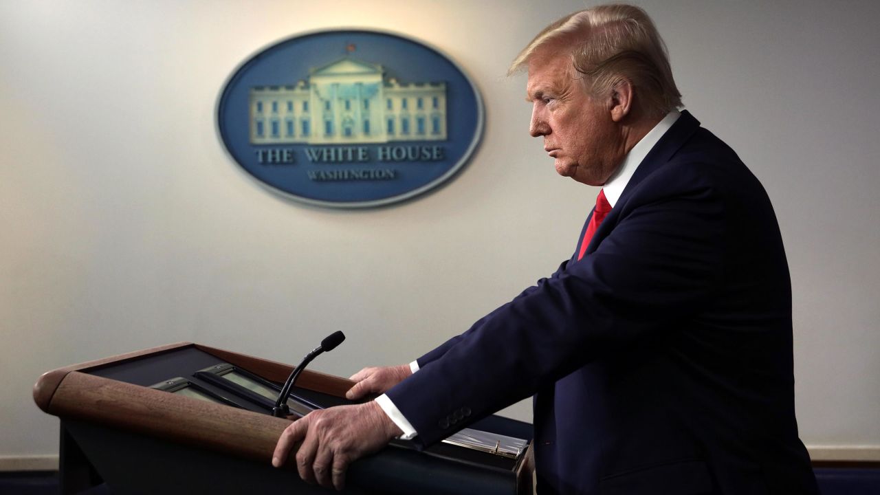 U.S. President Donald Trump pauses during a news briefing on the latest development of the coronavirus outbreak in the U.S. at the James Brady Press Briefing Room at the White House March 18, 2020 in Washington, DC.