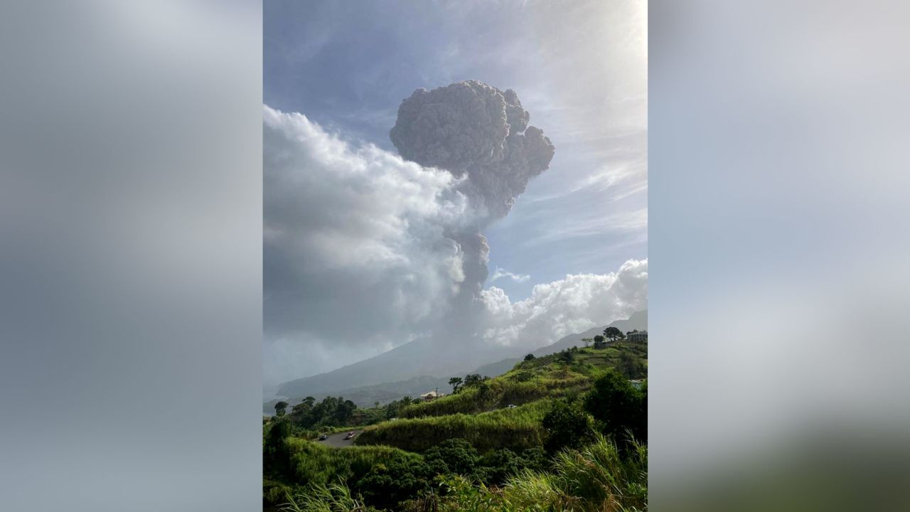 Ash rises as an explosive eruption begins at La Soufrière volcano in St. Vincent on Friday.