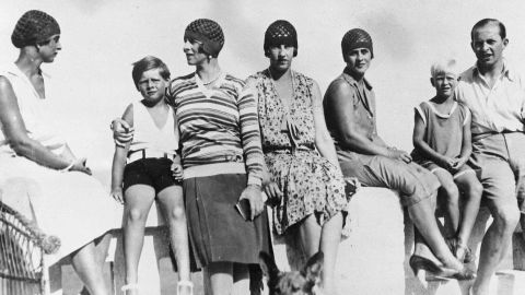 This photo from September 1928 was taken during a family vacation in Mamaia, Romania. It features, from left, Princess Fedora of Greece, King Michael and his mother Princess Helene, Princess Irene, Princess Marguerite, Prince Philip and Prince Paul.