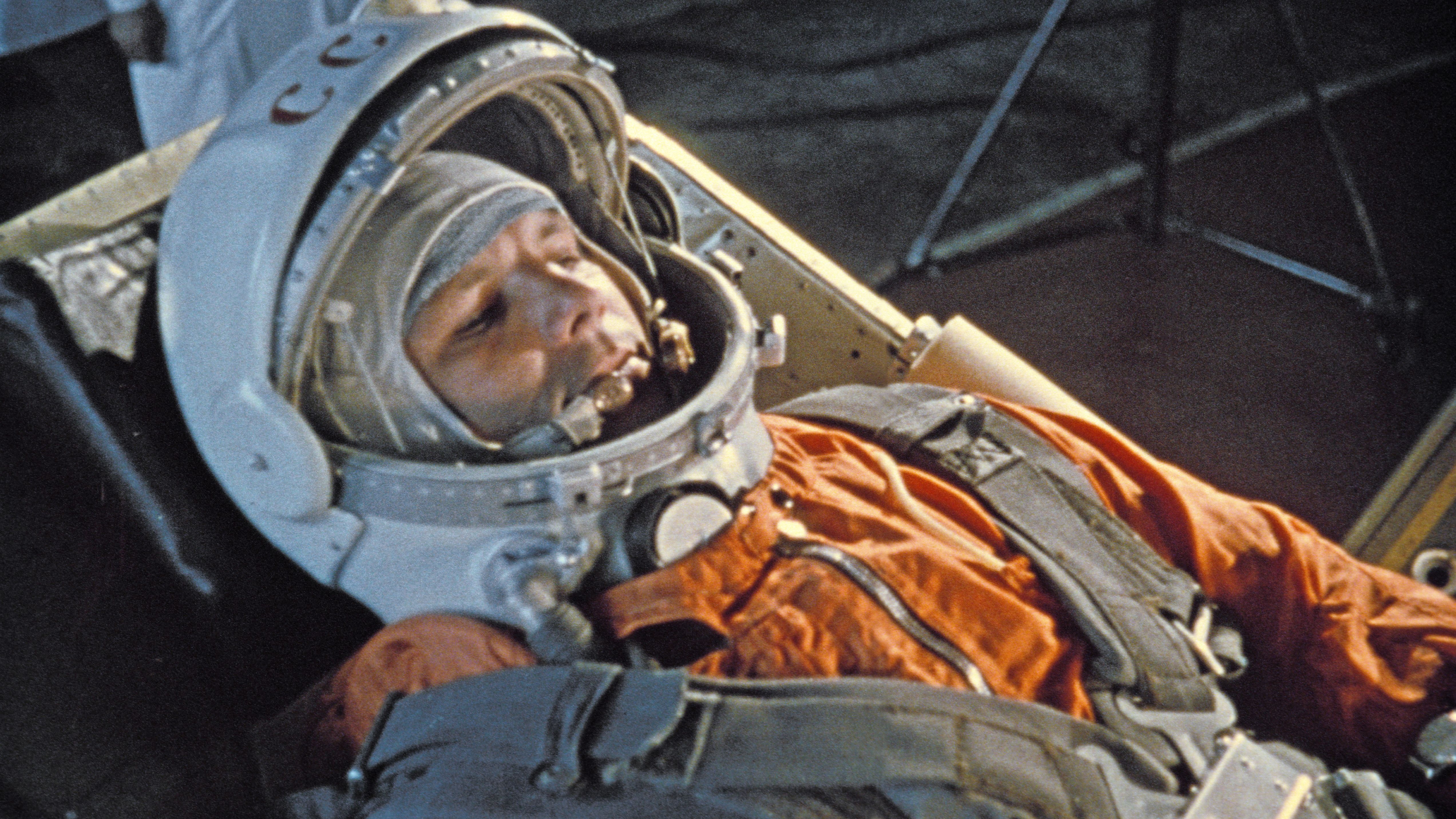 Cosmonaut Yuri Gagarin, the first human to fly into space, was launched in a Vostok 1 space capsule on April 12, 1961. He spent 108 minutes orbiting the Earth before parachuting back to firm ground.