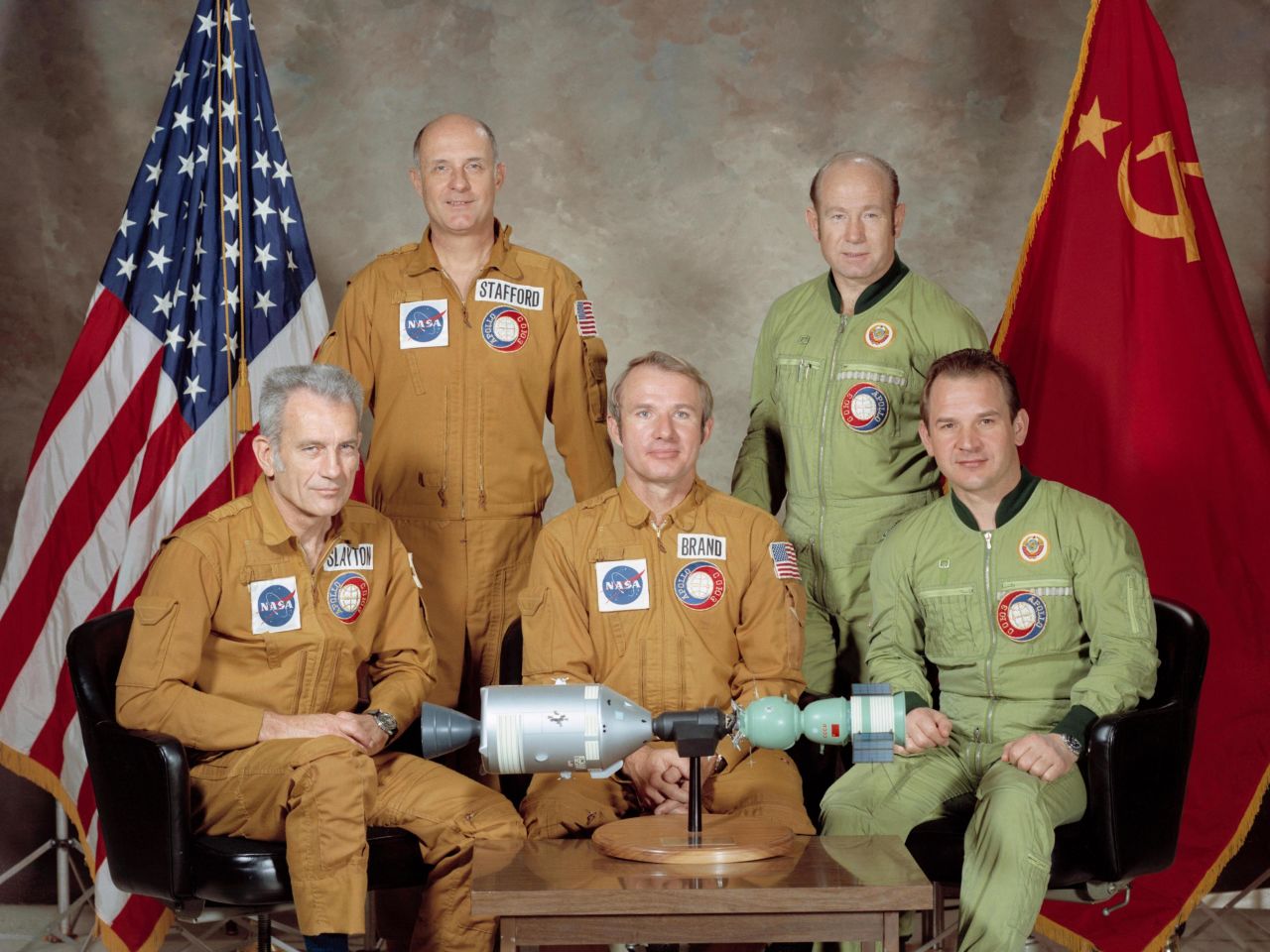 On July 15, 1975, Cold War adversaries temporarily broke the thaw when the United States and the Soviet Union embarked on their first joint space mission. Russia's Soyuz craft launched seven hours before the US Apollo craft, and the two vehicles linked up 52 hours after Soyuz lifted off. Here, the two crews pose for a portrait.