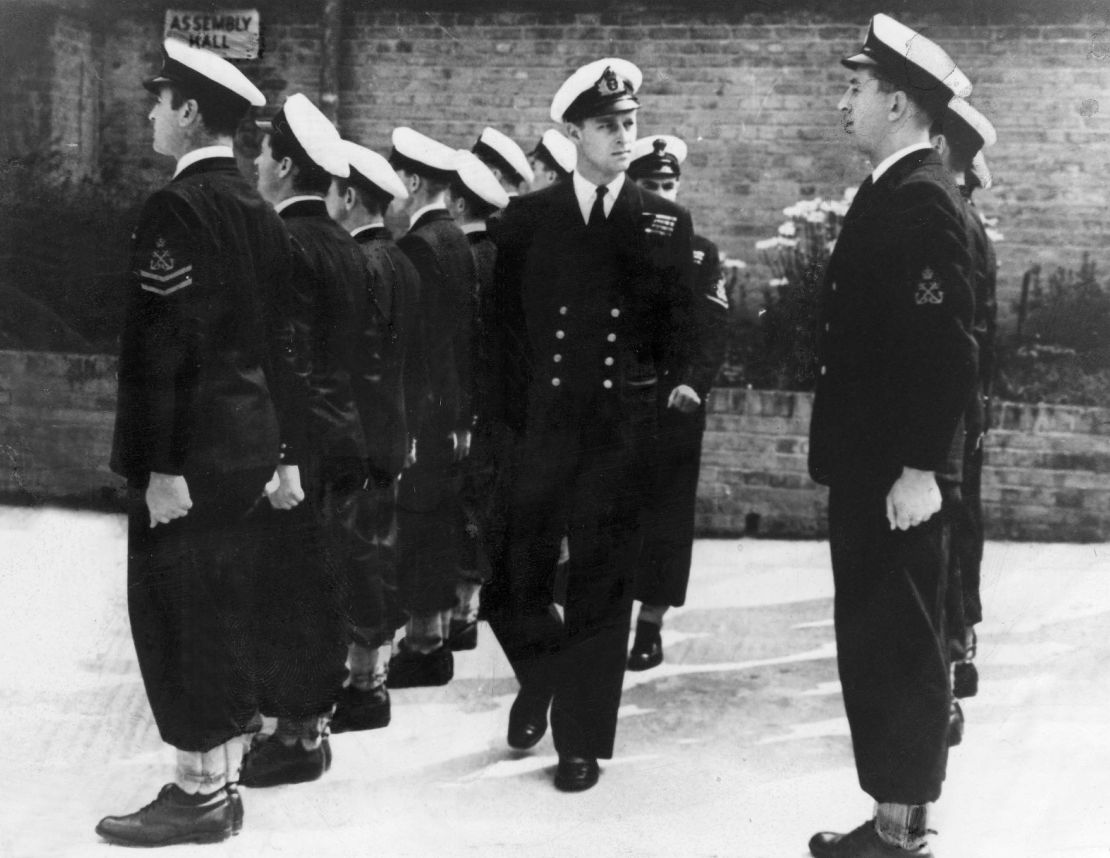 Philip inspects soldiers of the naval school in Corsham, England, circa 1946.