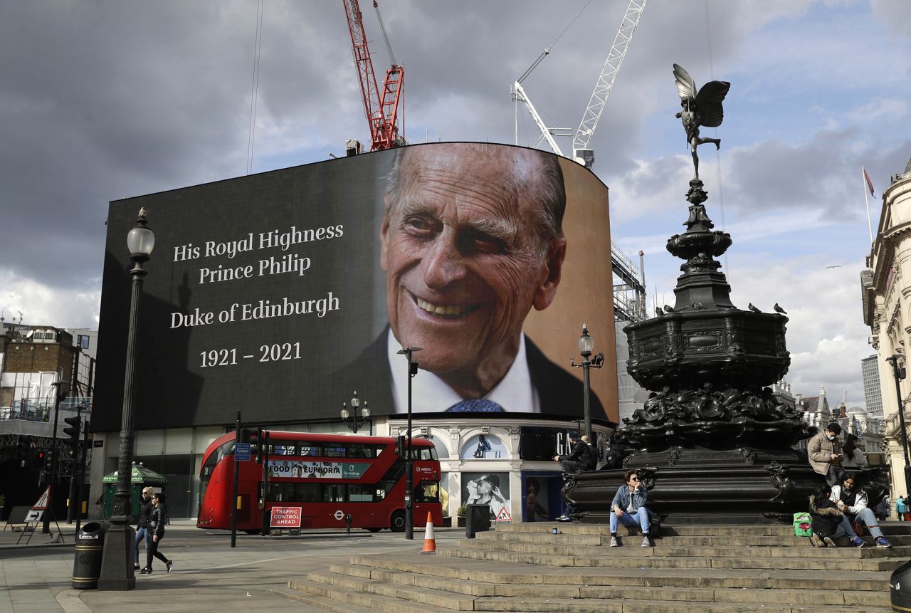 A Prince Philip tribute is projected onto a large screen at London's Piccadilly Circus.
