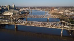 The Brent Spence Bridge spans the Ohio River on the Ohio-Kentucky border in Cincinnati, Ohio on April 2, 2021.