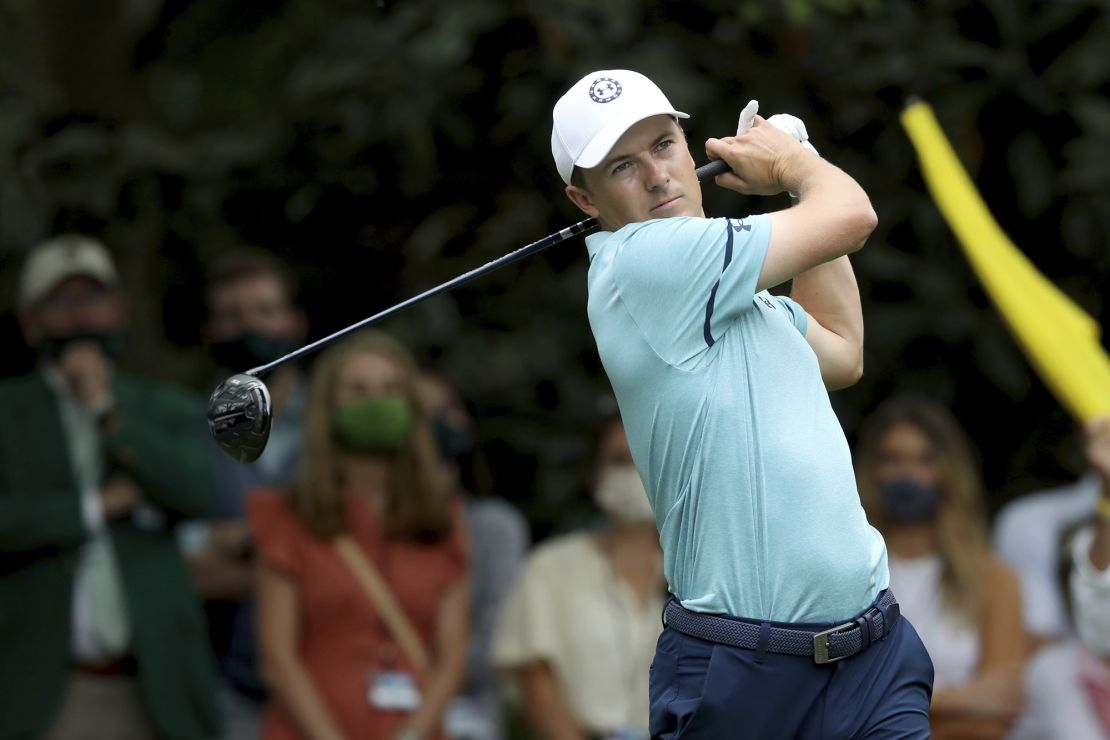 Jordan Spieth tees off on the seventh hole during the second round of the Masters.