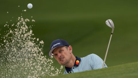 Justin Rose hits out of a bunker on the seventh hole during the second round of the Masters.