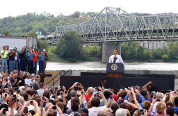 President Barack Obama speaks to a crowd in front of the Brent Spence Bridge on September 22, 2011, in Cincinnati. 