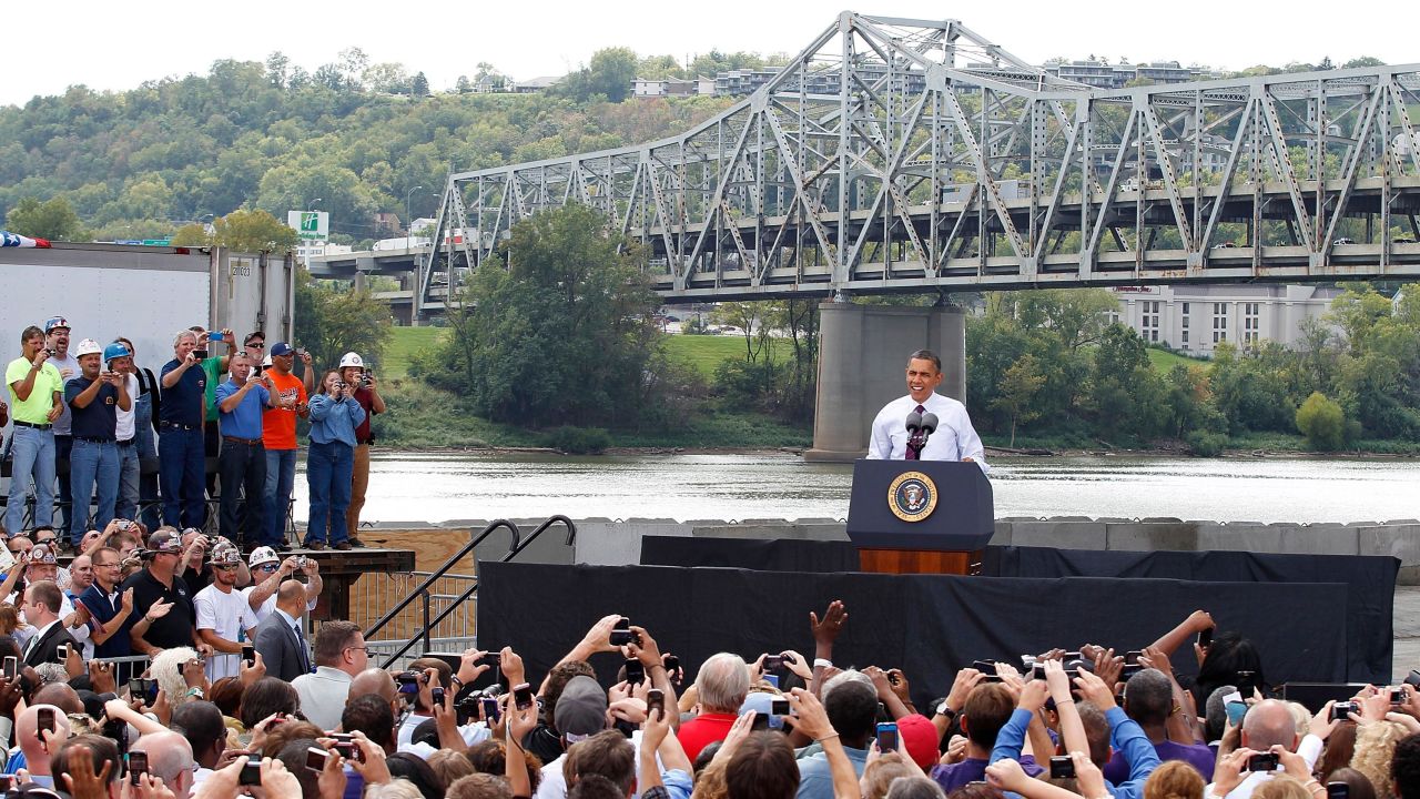 President Barack Obama speaks to a crowd in front of the Brent Spence Bridge on September 22, 2011, in Cincinnati. 