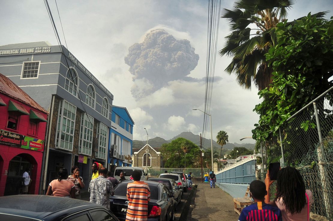 Ash and smoke billow as the La Soufrière volcano erupts on the eastern Caribbean island of St. Vincent on April 9. 