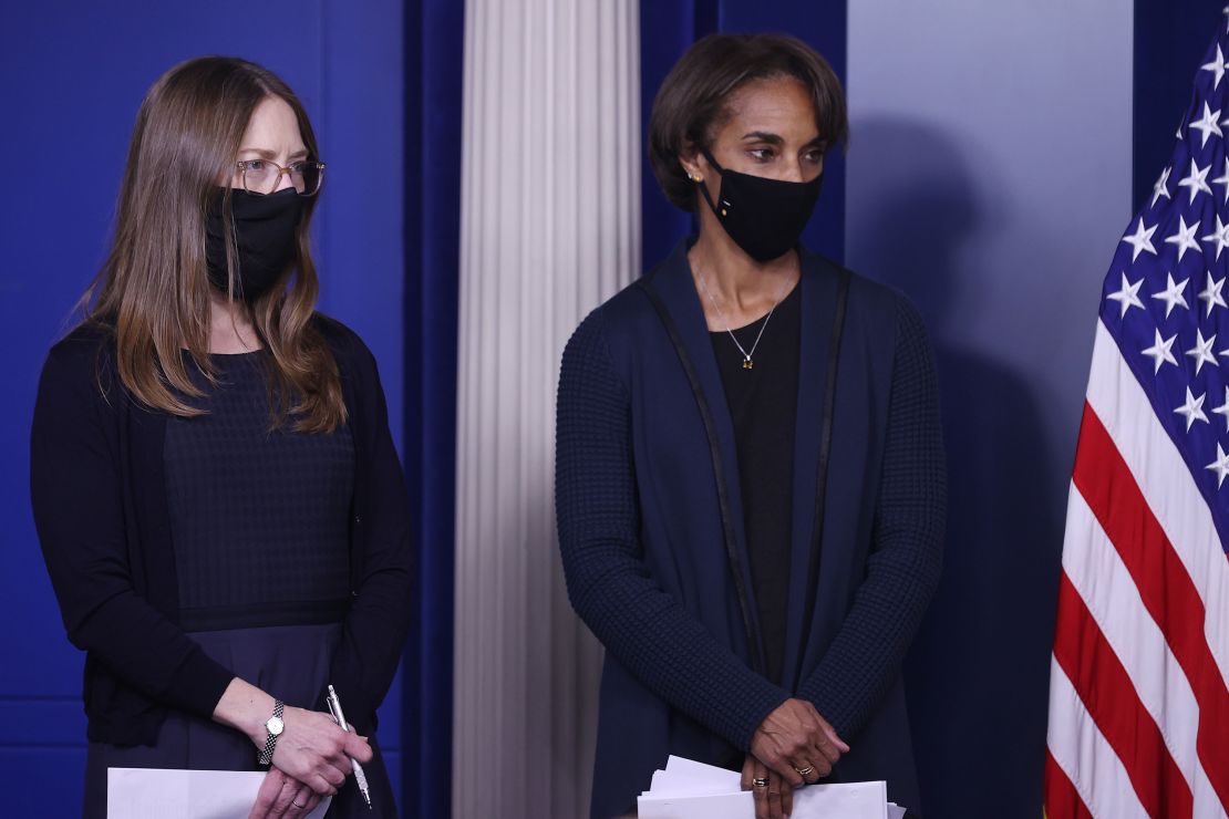 Heather Boushey, left, a member of the Council of Economic Advisers, and Cecilia Rouse, the chair of the coucil, attend a news conference at the White House on March 24.