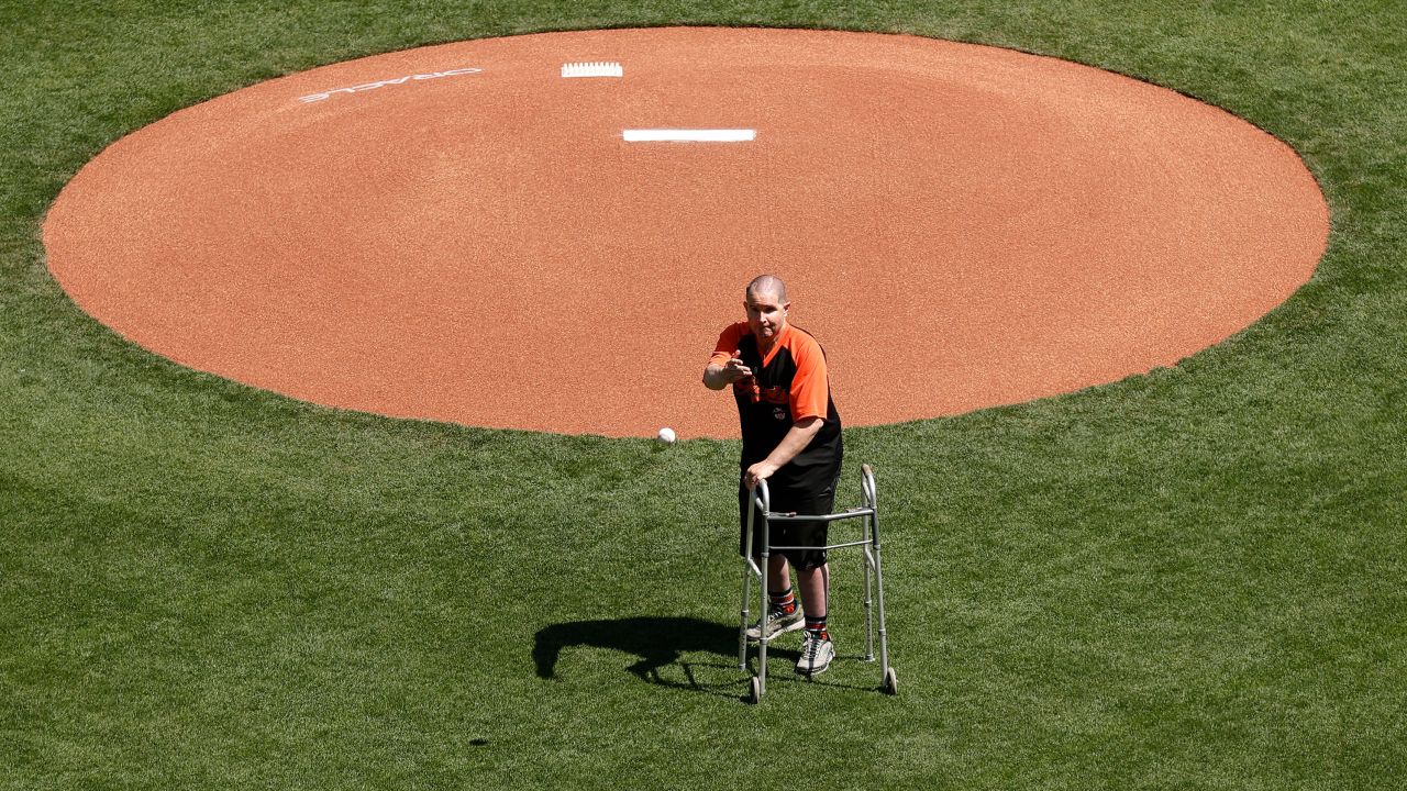 Stow throws out the ceremonial first pitch before the San Francisco Giants home opener against the Colorado Rockies on Friday.